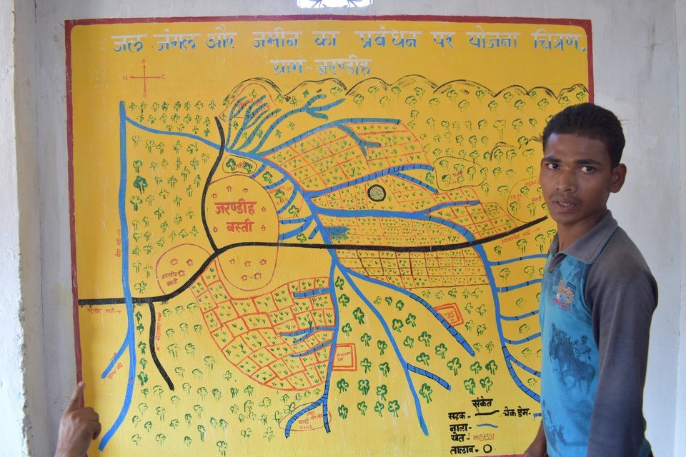 ‘If we protect the forest, the forest will provide all we need to secure our livelihood’, said Charan Singh Sori, a youth undergoing GPS training, presenting how the village manages the community forest in front of the village resource map.